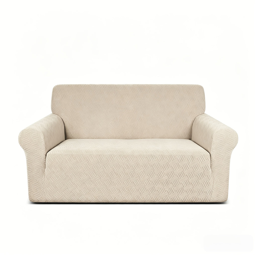 Housse de canapé extensible en polaire jacquard à rayures au rendu glamour, mise en situation