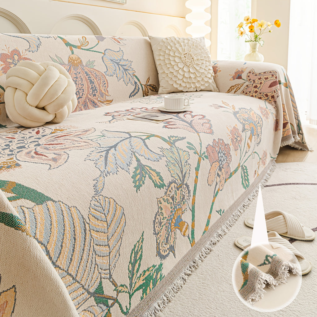 Housse de canapé en chenille jacquard à motif fleuri antidérapante, détail de l'ourlet
