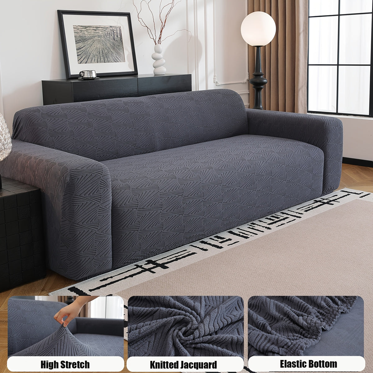 Housse de canapé épaisse extensible en polaire jacquard antidérapante, mise en situation
