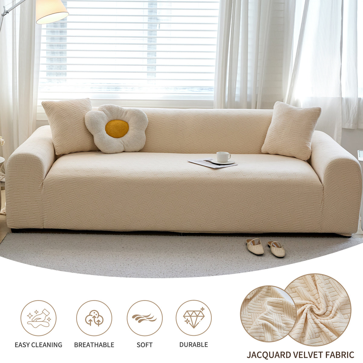 Housse de canapé épaisse extensible en polaire jacquard d'esprit vintage Image