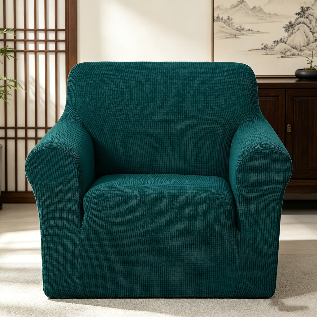 Housse de canapé extensible en polaire jacquard à rayures, vue d'ensemble