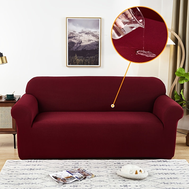Housse de canapé extensible en polaire jacquard à maille gaufrée anti-griffes, mise en situation
