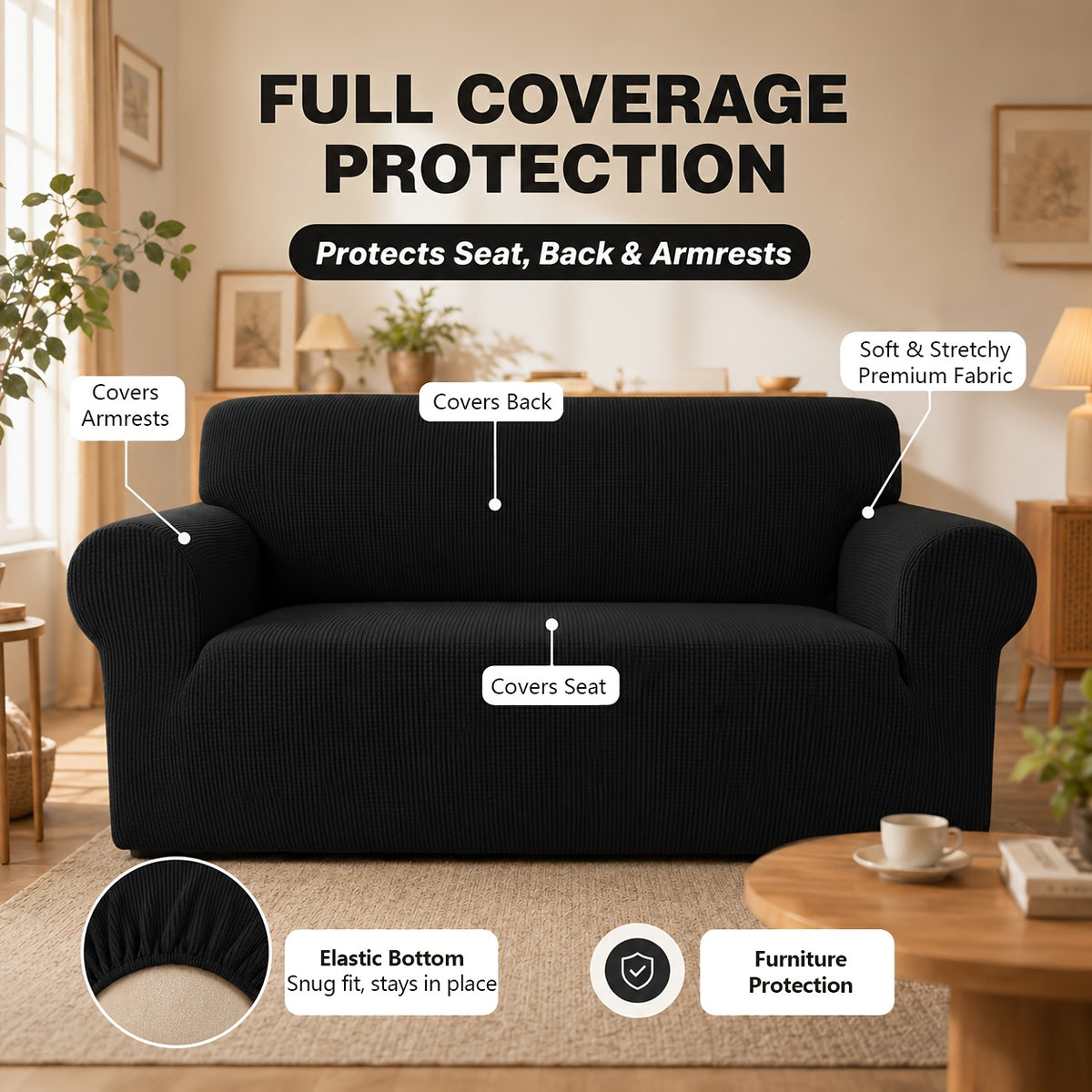 Housse de canapé extensible en polyester à carreaux — détail de la matière : polyester