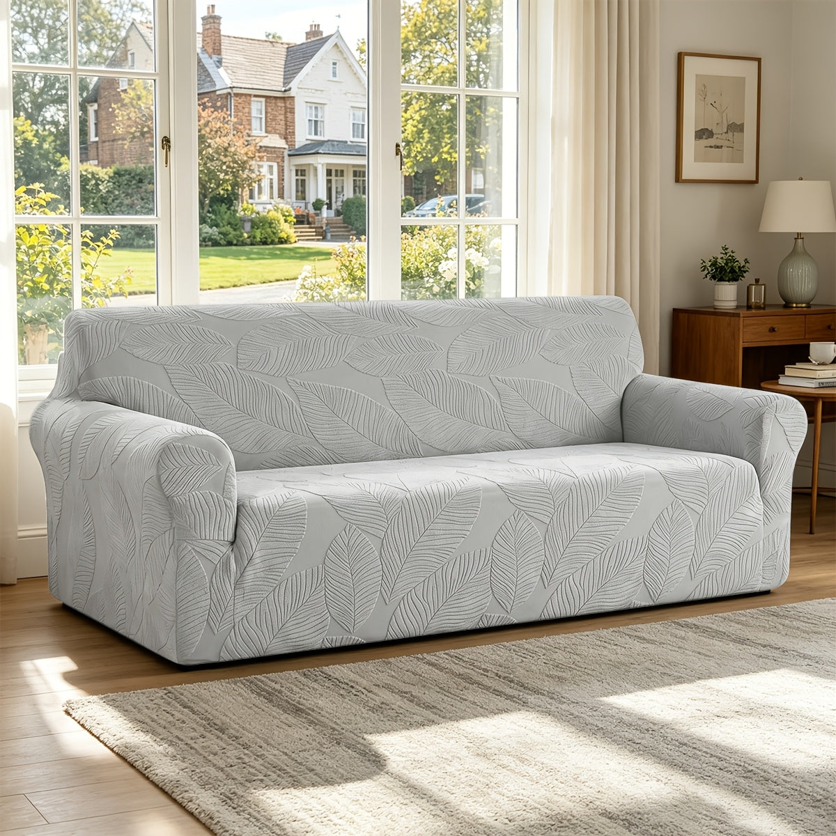 Housse de canapé extensible en polaire jacquard à motif feuillage, vue d'ensemble