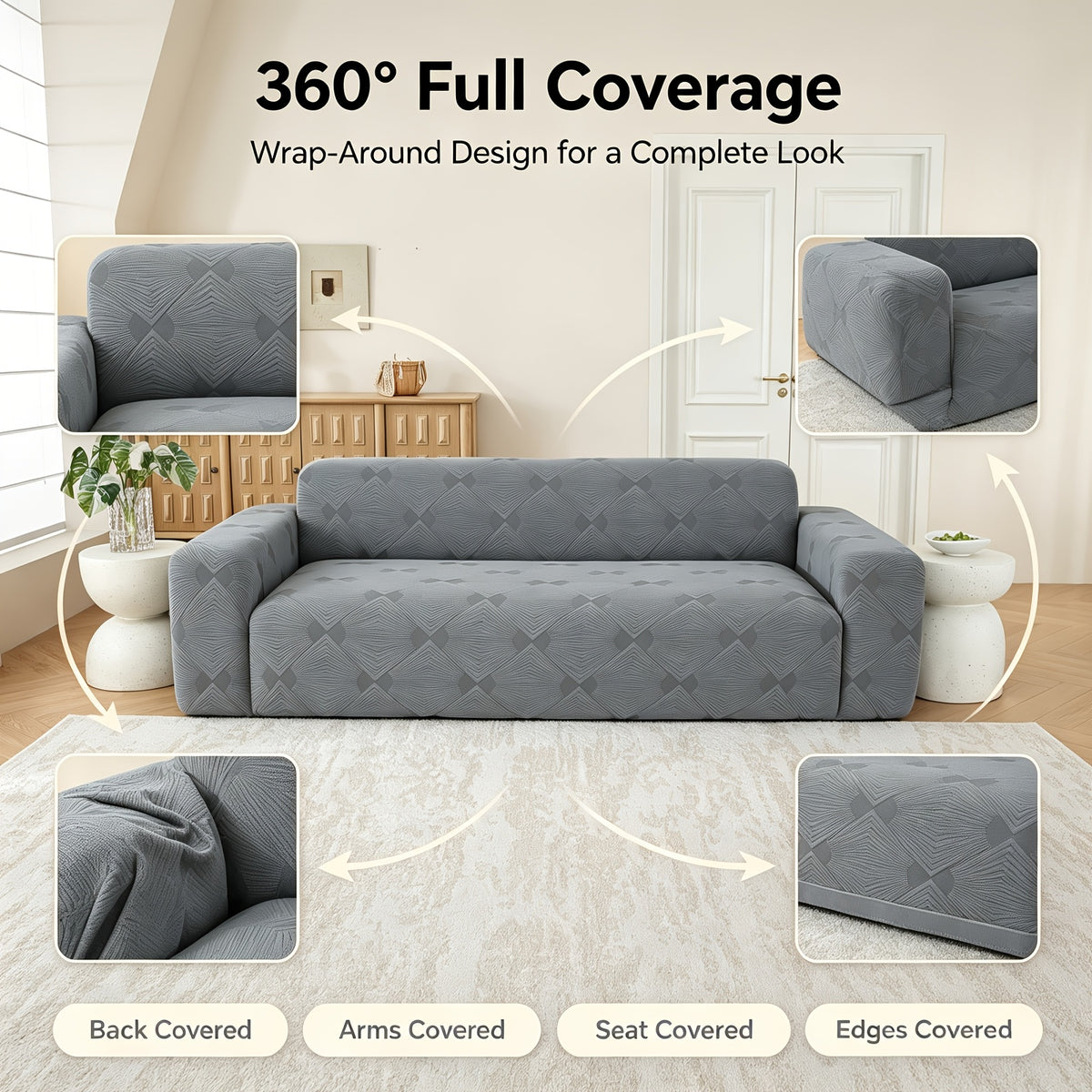 Housse de canapé extensible en polaire jacquard anti-griffes, mise en situation