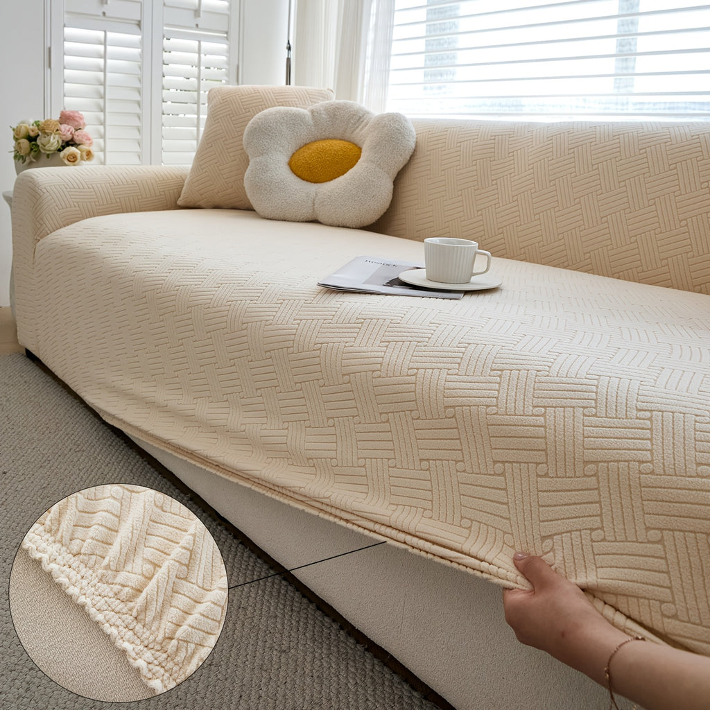 Housse de canapé extensible en polaire jacquard à rayures, gros plan sur le tissu