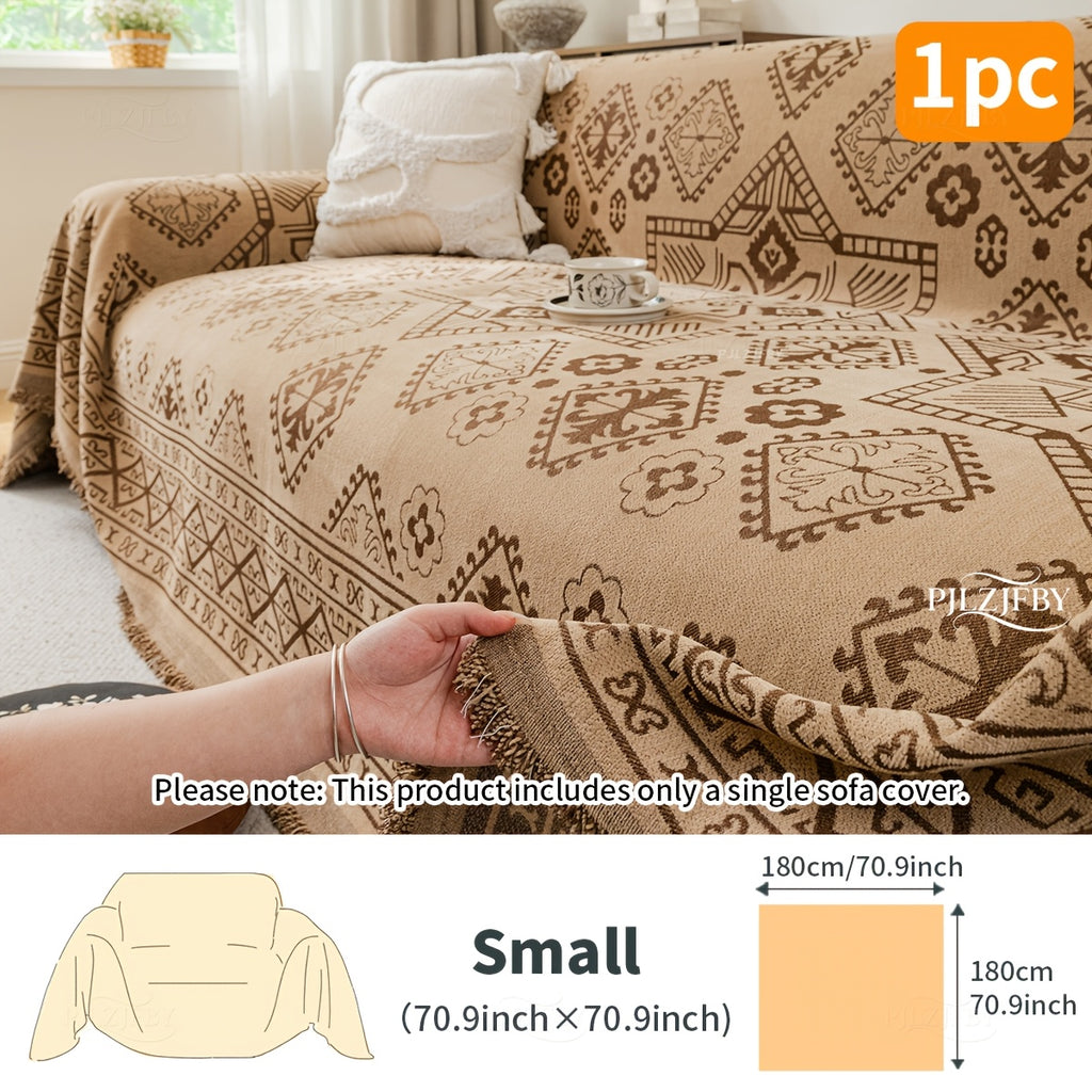 Housse de canapé en chenille en fils teints à motif bohème, gros plan sur le tissu