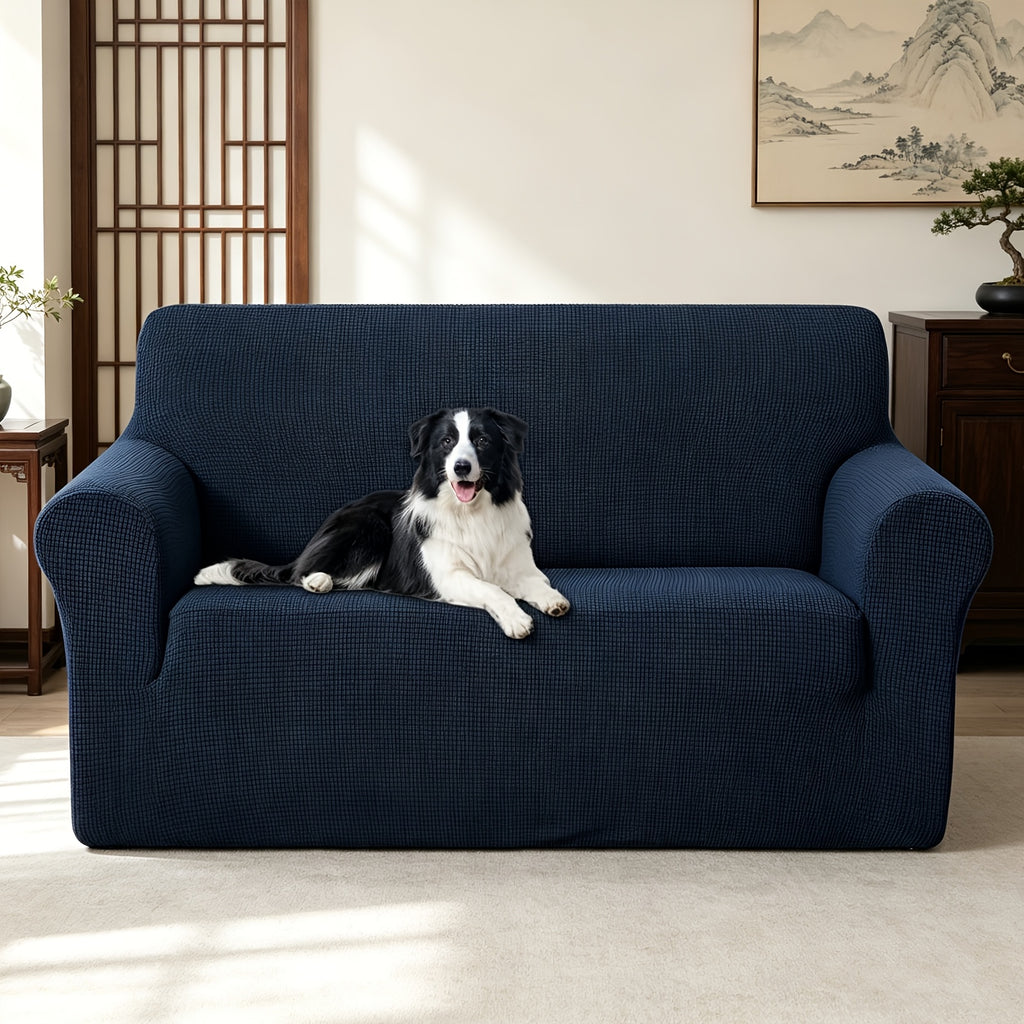 Housse de canapé extensible en polaire jacquard à rayures, vue d'ensemble