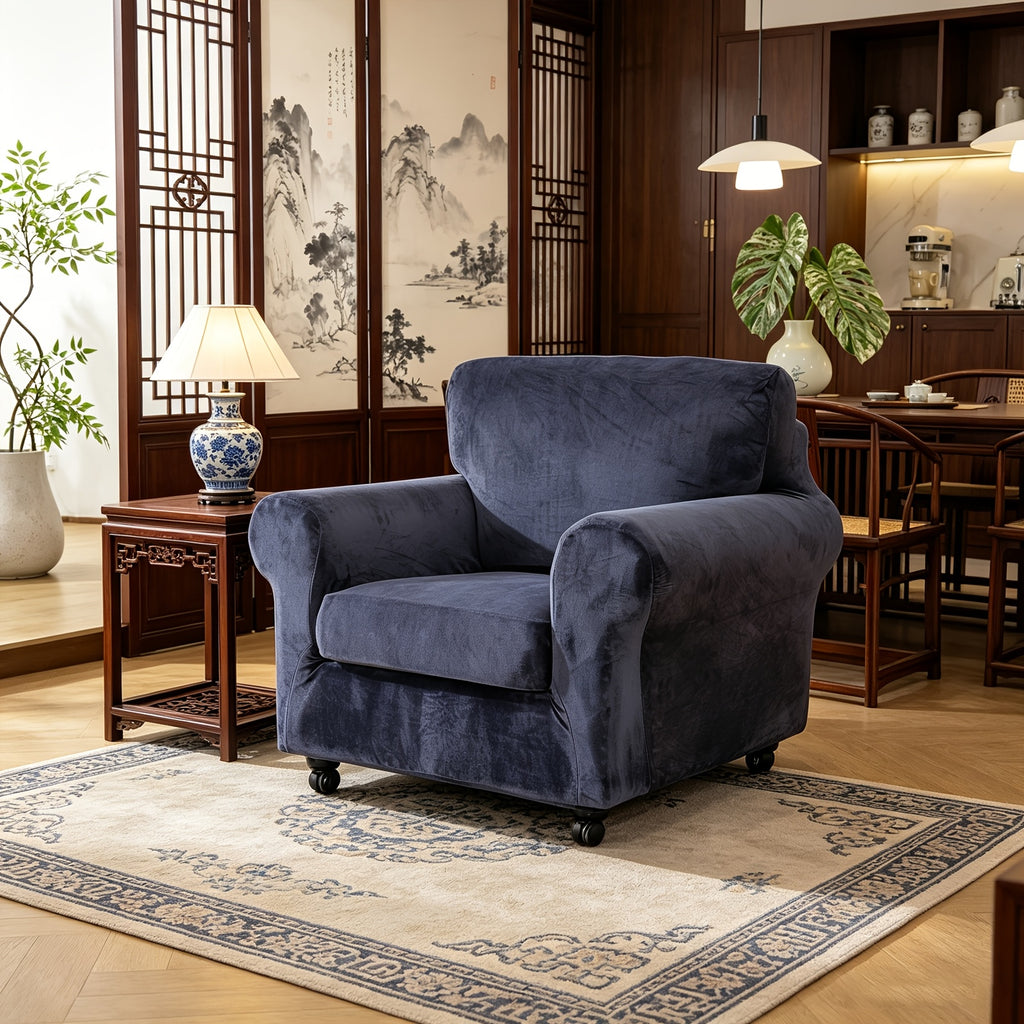 Housse de canapé extensible en velours à rayures, vue d'ensemble