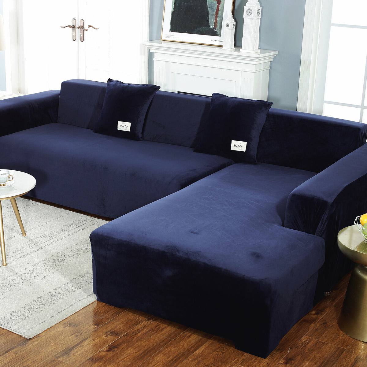 Housse de canapé épaisse extensible en velours au rendu glamour, mise en situation