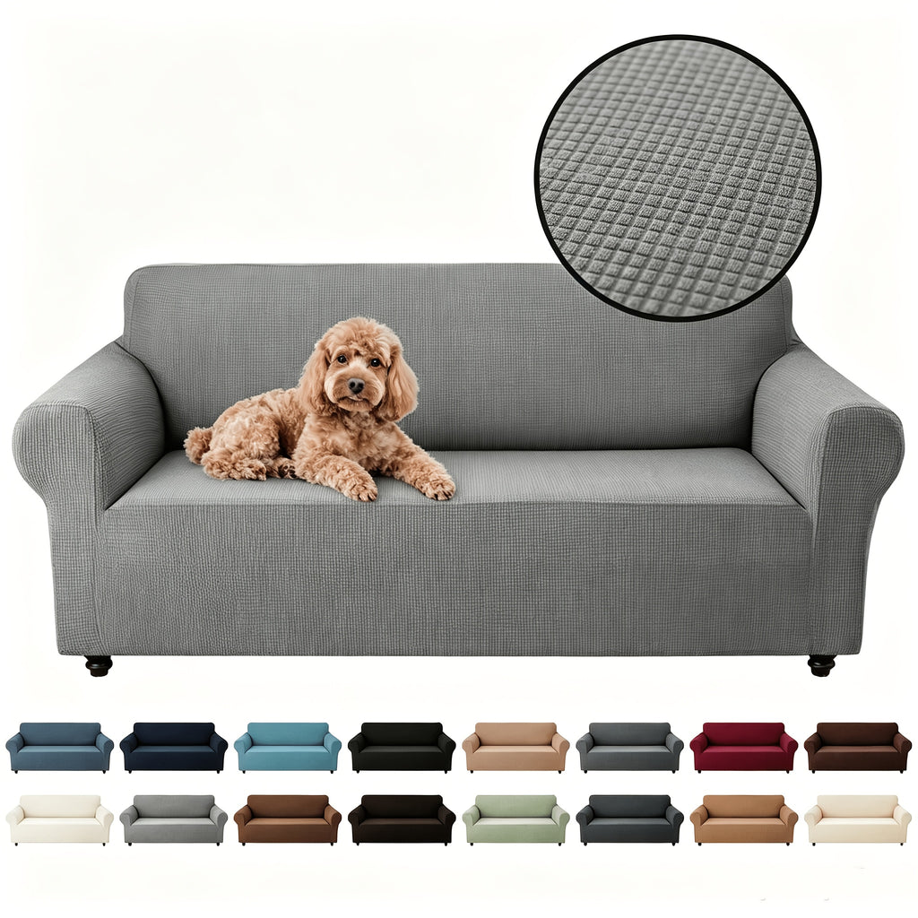 Protection de canapé extensible en polaire jacquard pour canapé trois places, mise en situation