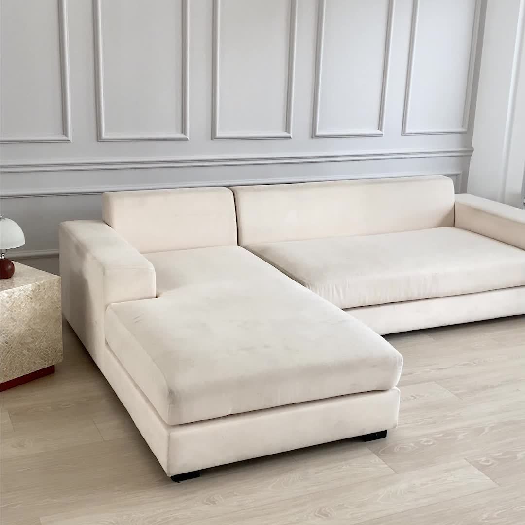 Housse de canapé légère extensible en fibre de lait pour canapé d'angle, mise en situation