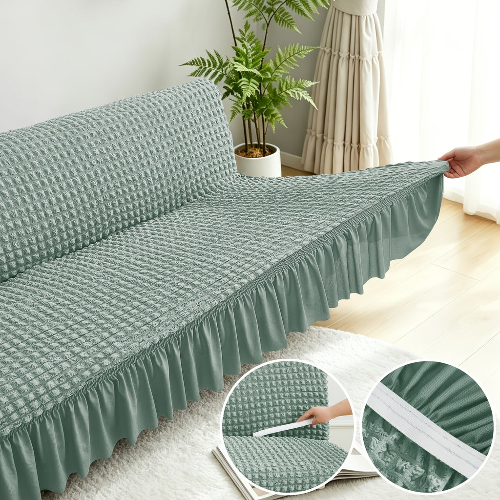 Housse de canapé extensible en jacquard à volants, vue de dos