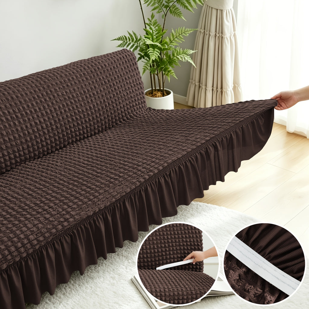 Housse de canapé extensible en jacquard à volants, mise en situation