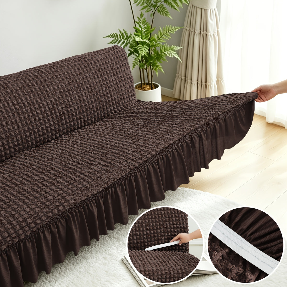 Housse de canapé extensible en jacquard à volants, mise en situation