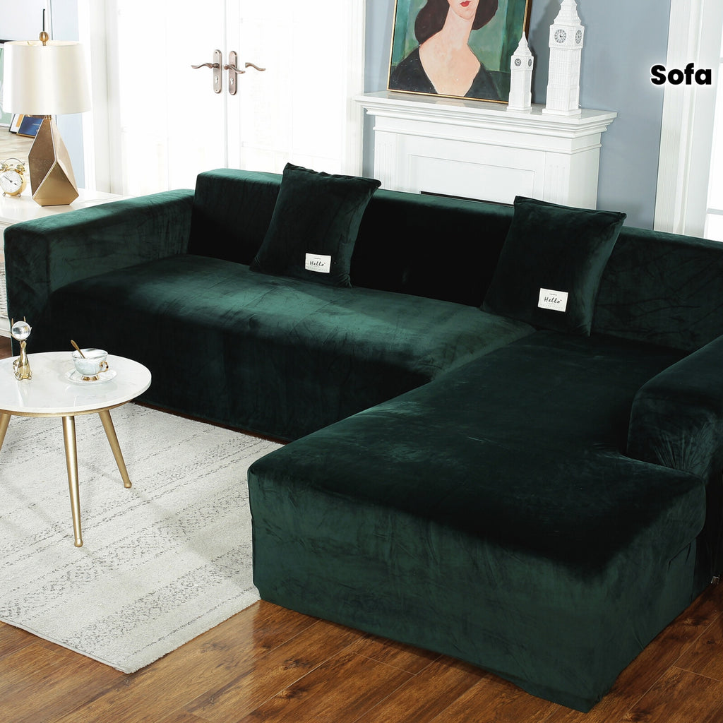 Housse de canapé épaisse extensible en velours au rendu glamour, gros plan sur le tissu