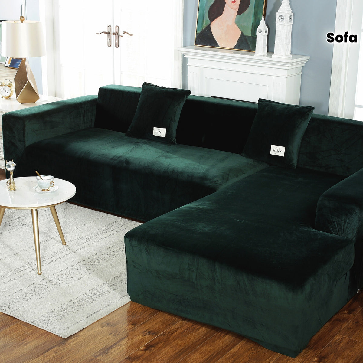 Housse de canapé épaisse extensible en velours au rendu glamour, gros plan sur le tissu