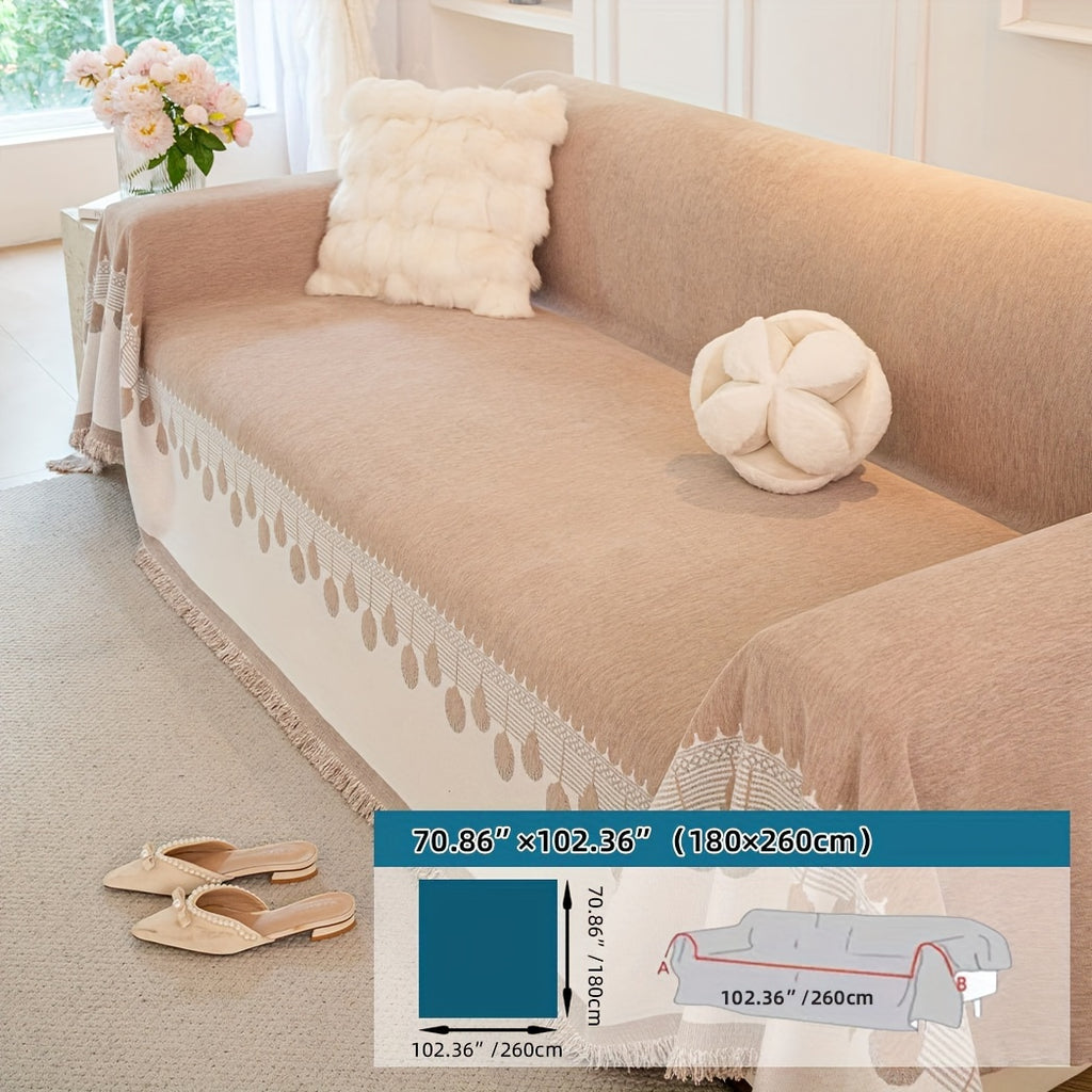 Housse de canapé en chenille jacquard à volants d'esprit bohème, tissu de 250 à 300 g/m²