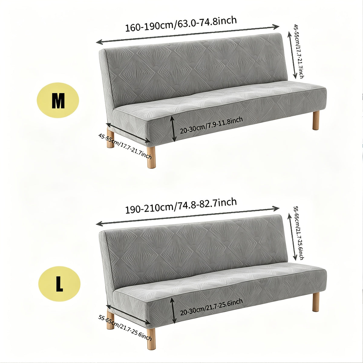 Housse de canapé extensible en polaire jacquard à rayures sans accoudoirs, détail de l'ourlet