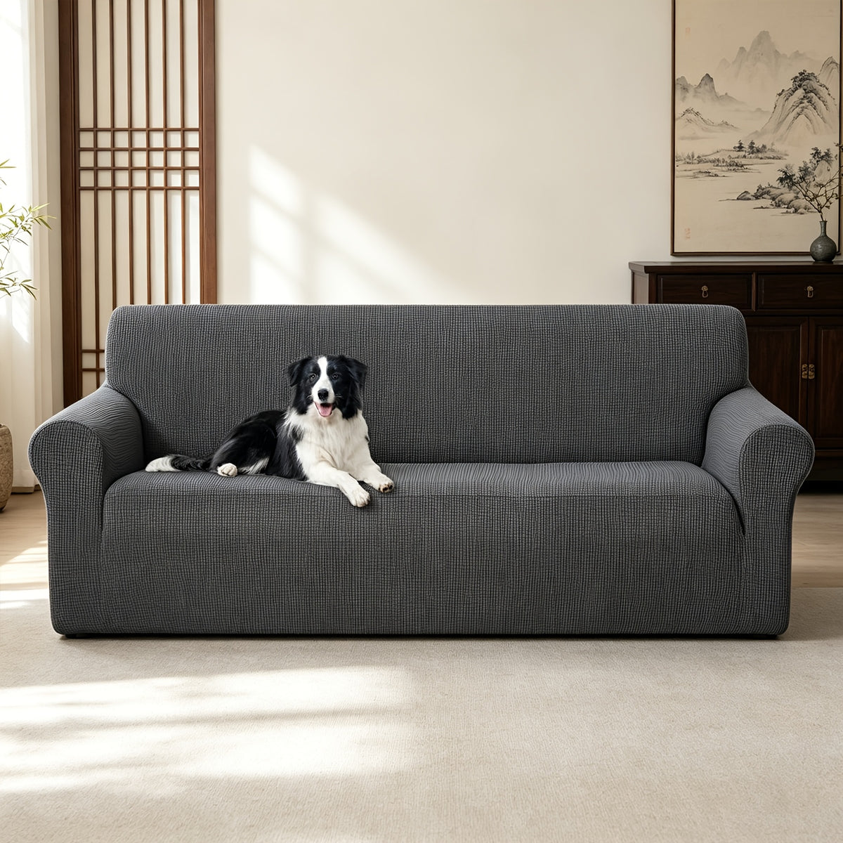 Housse de canapé extensible en polaire jacquard à rayures, tissu de 180 à 200 g/m²