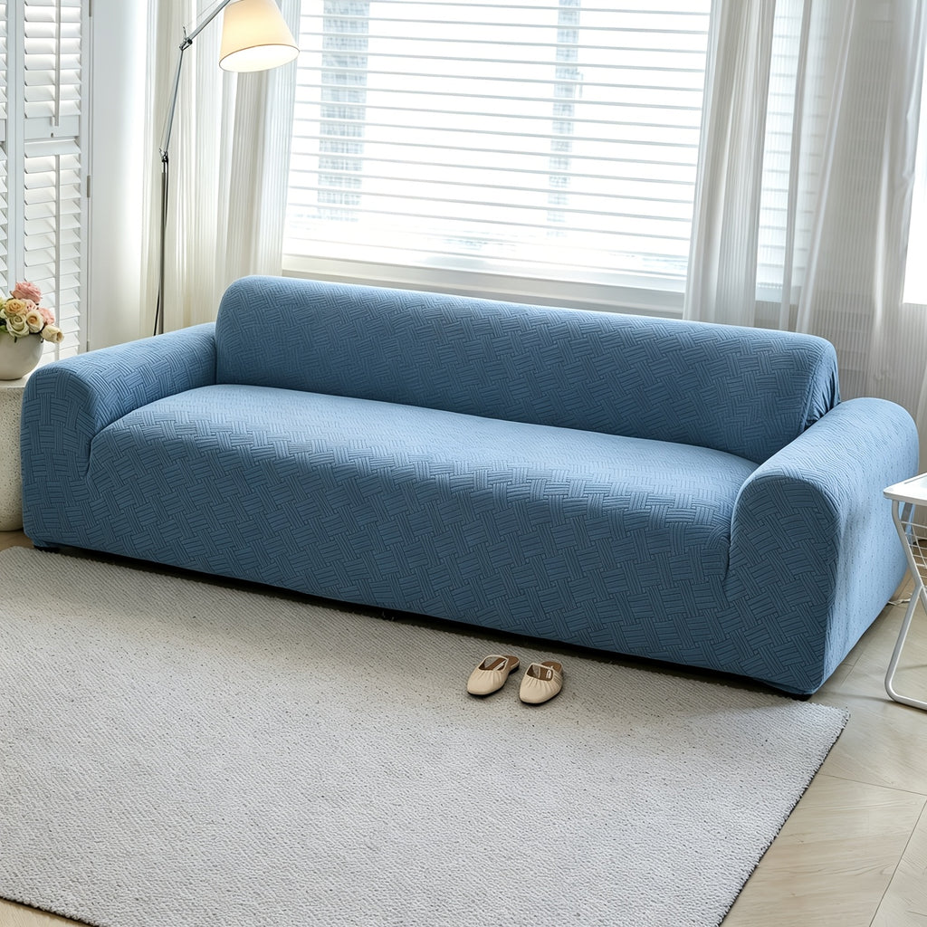 Housse de canapé extensible en polaire jacquard à rayures, vue d'ensemble