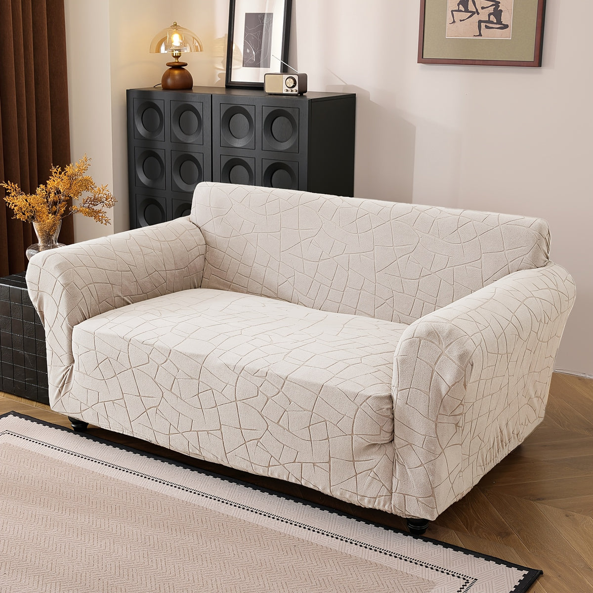 Housse de canapé épaisse extensible en polaire jacquard d'esprit vintage, gros plan sur le tissu