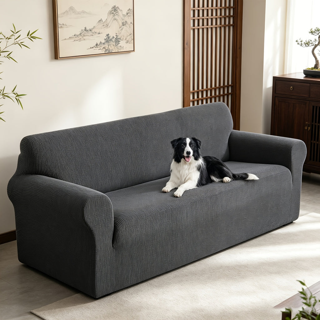 Housse de canapé extensible en polaire jacquard à rayures, vue d'ensemble