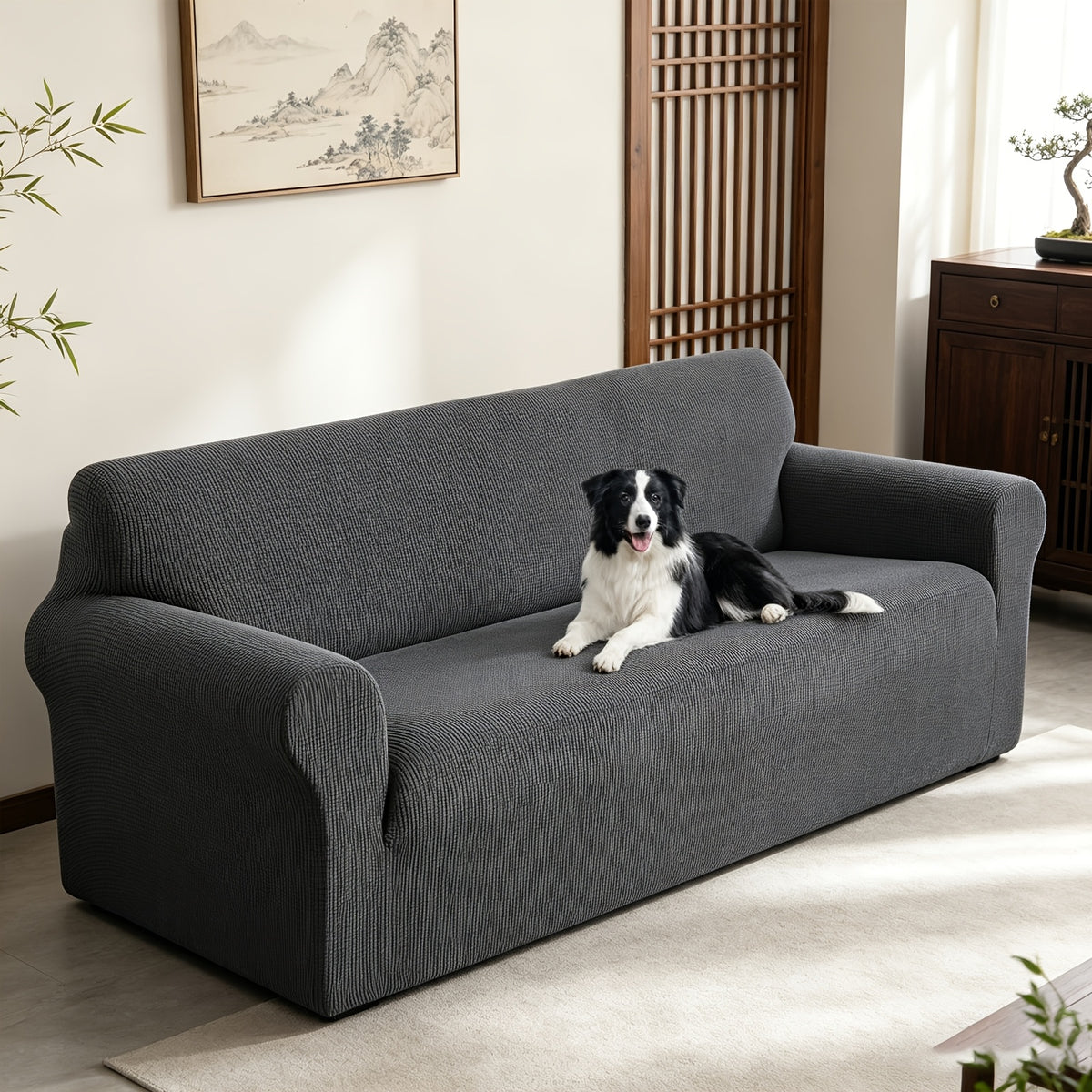 Housse de canapé extensible en polaire jacquard à rayures, vue d'ensemble