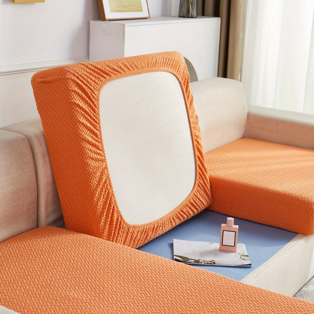 Housse de coussin extensible en polaire jacquard, détail de l'ourlet