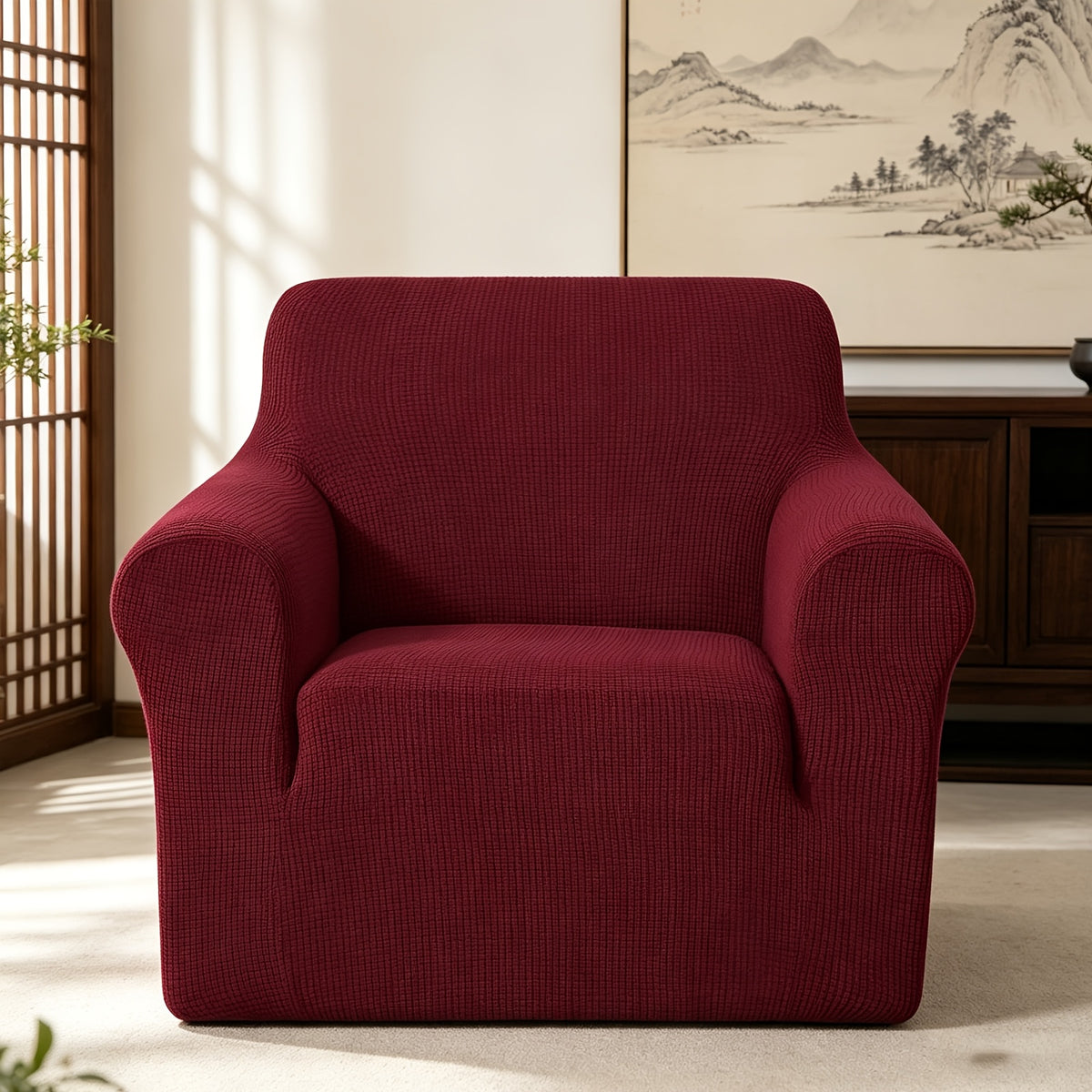 Housse de canapé extensible en polaire jacquard à rayures, détail de la finition