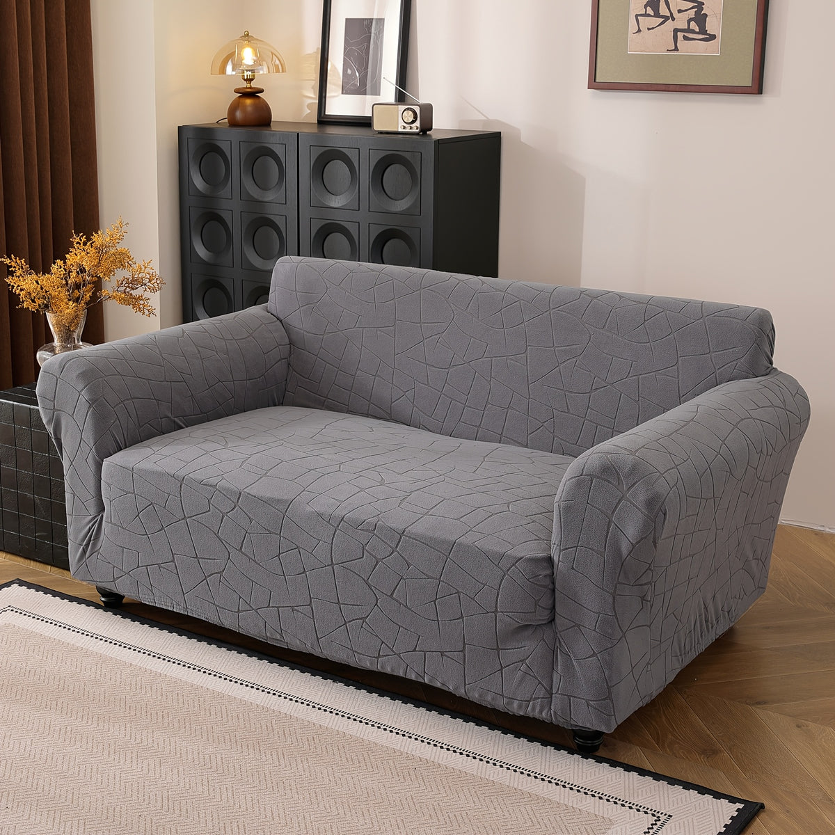 Housse de canapé extensible en polaire jacquard à motif géométrique à housses, vue d'ensemble