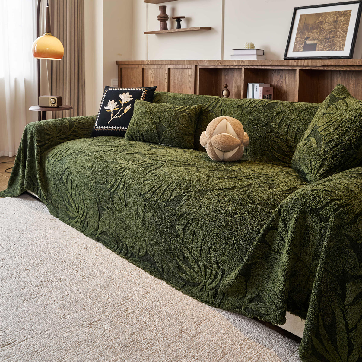 Housse de canapé en jacquard à motif feuillage antidérapante, tissu de 300 à 350 g/m²