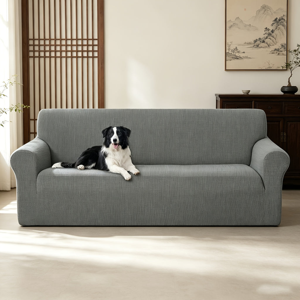 Housse de canapé extensible en polaire jacquard à rayures, vue de dos