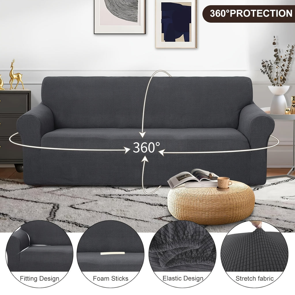 Housse de canapé extensible en polaire jacquard à rayures — détail de la matière : polaire