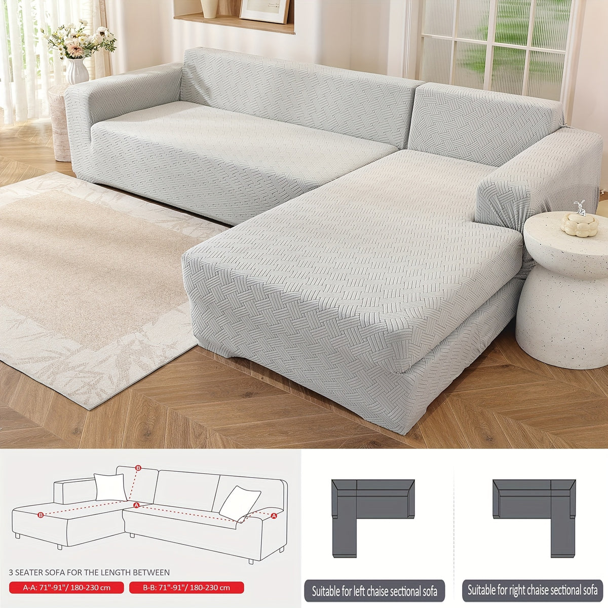 Housse de canapé extensible en polaire jacquard pour canapé d'angle, mise en situation