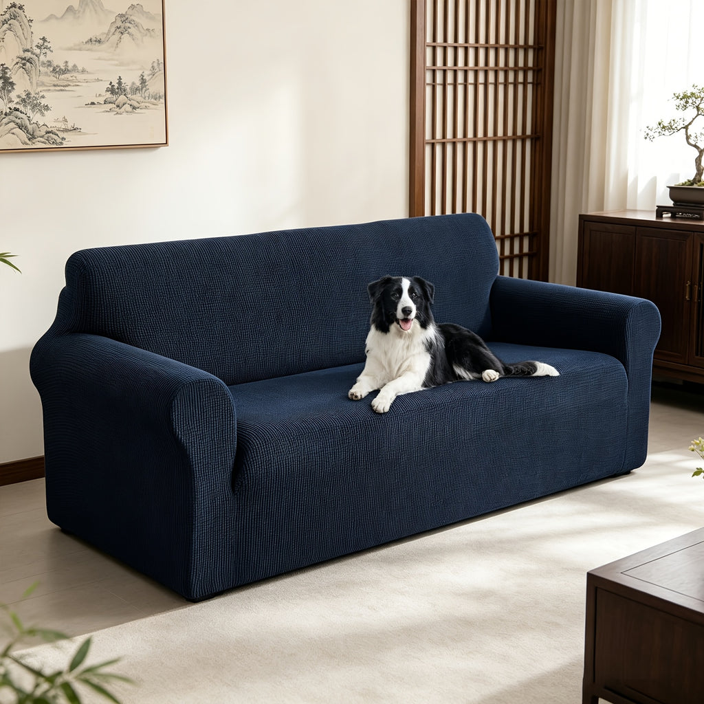 Housse de canapé extensible en polaire jacquard à rayures, gros plan sur le tissu