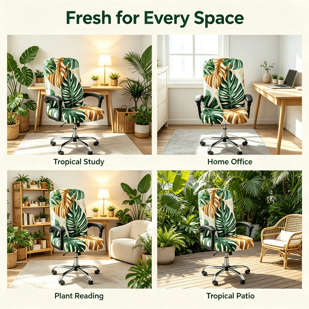 Housse de chaise extensible en fibre de lait matelassée à motif tropical, mise en situation