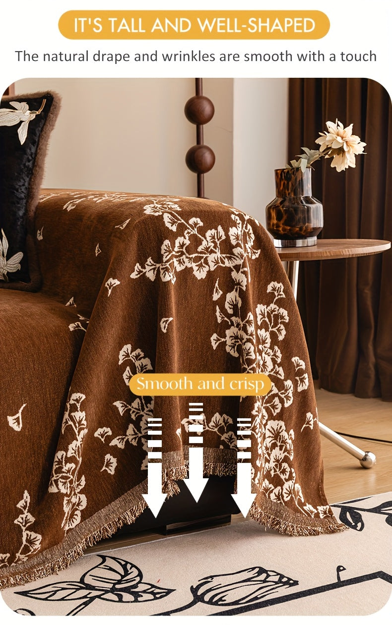Housse de canapé en chenille antidérapante d'esprit vintage, détail de la finition