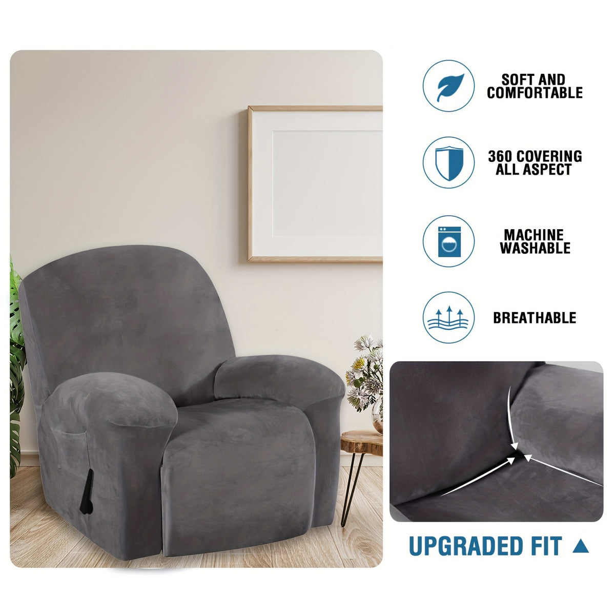 Housse de fauteuil épaisse extensible en velours, gros plan sur le tissu