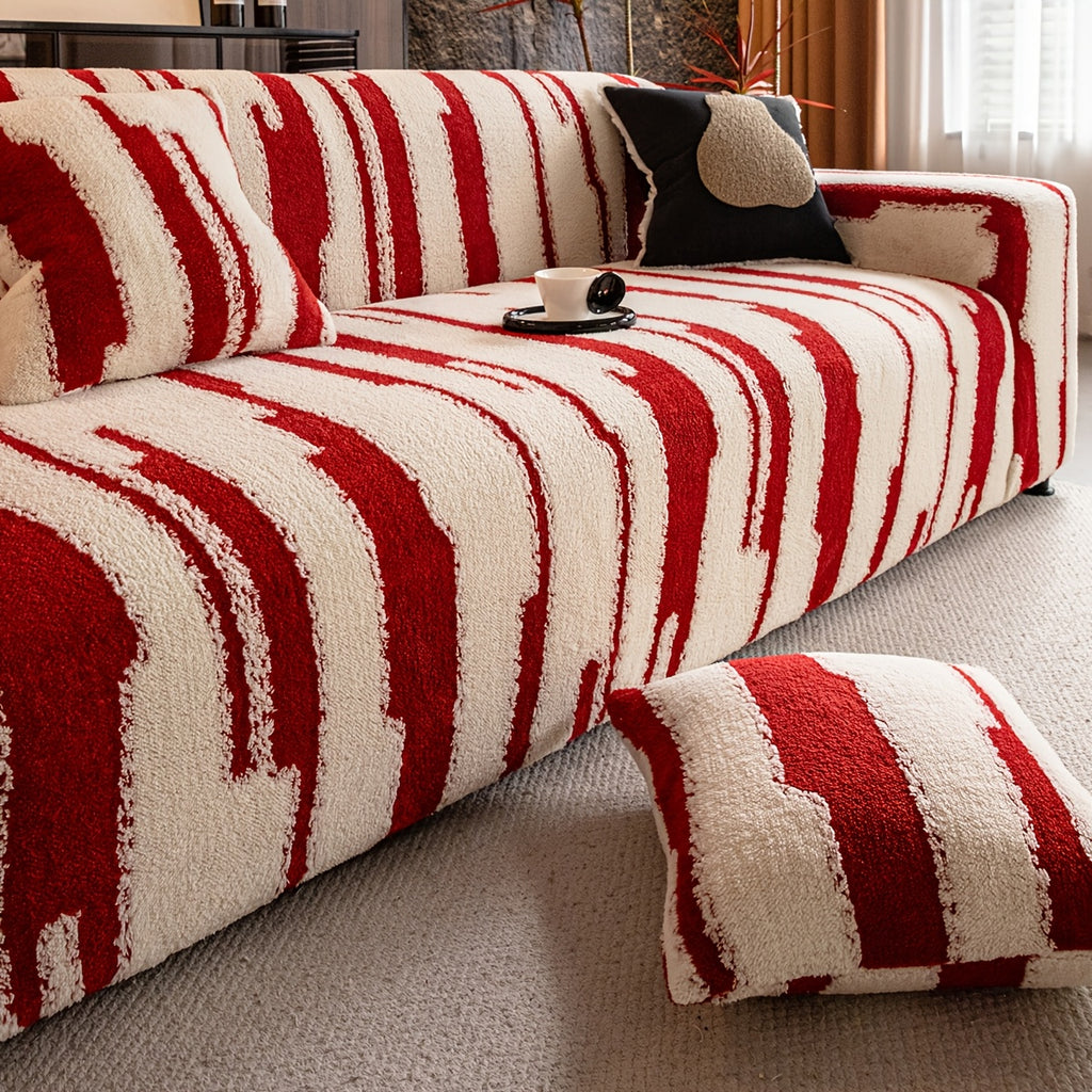 Housse de canapé en velours jacquard à motif géométrique d'esprit vintage, vue d'ensemble