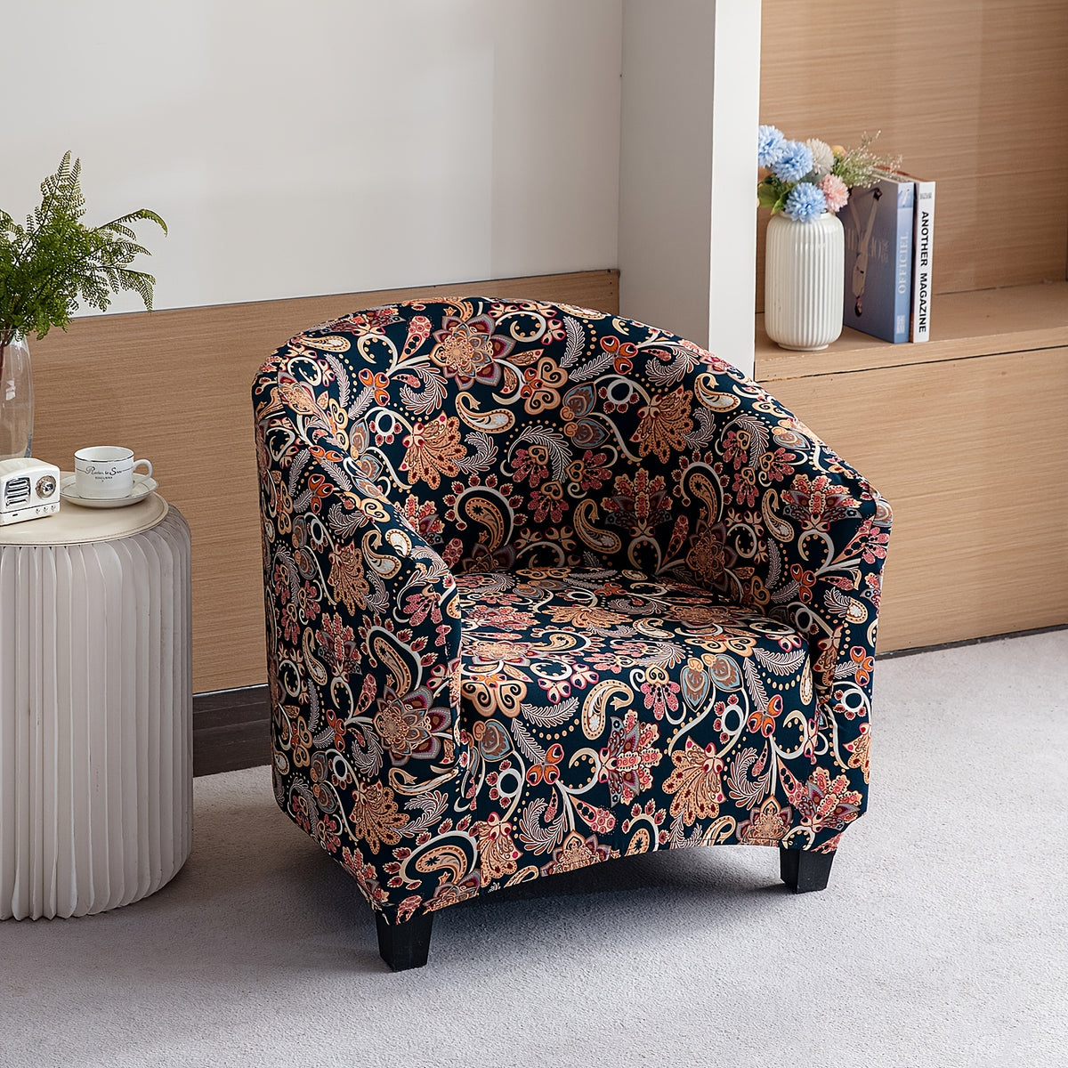 Housse de canapé extensible en fibre de lait imprimée d'esprit vintage, vue d'ensemble