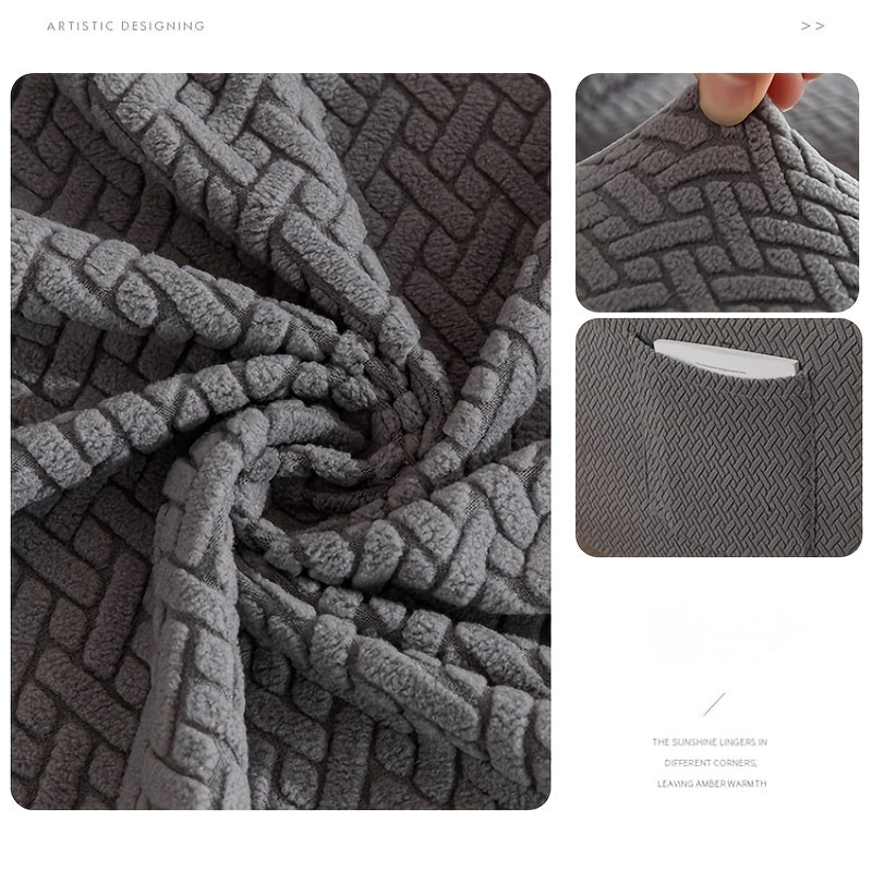 Housse de canapé extensible en polaire jacquard à motif géométrique, détail de la finition