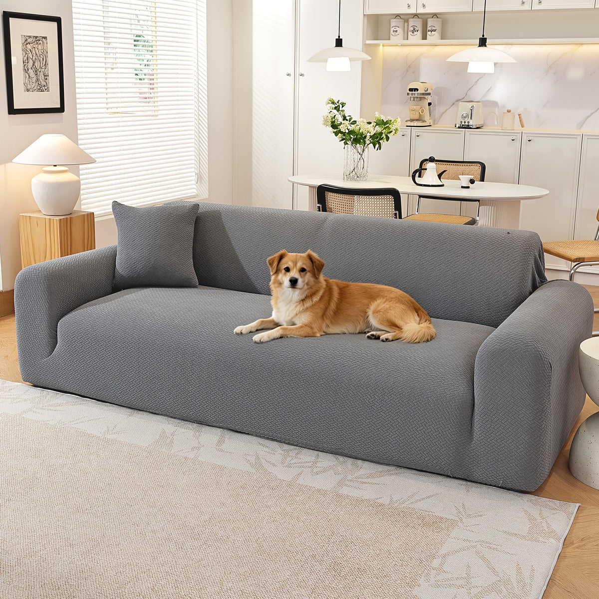 Housse de canapé extensible en polaire jacquard antidérapante, gros plan sur le tissu