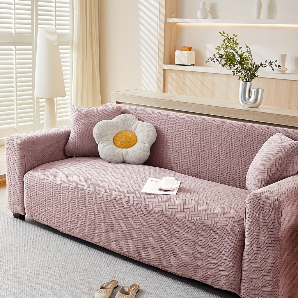 Housse de canapé extensible en polaire jacquard, détail de la finition
