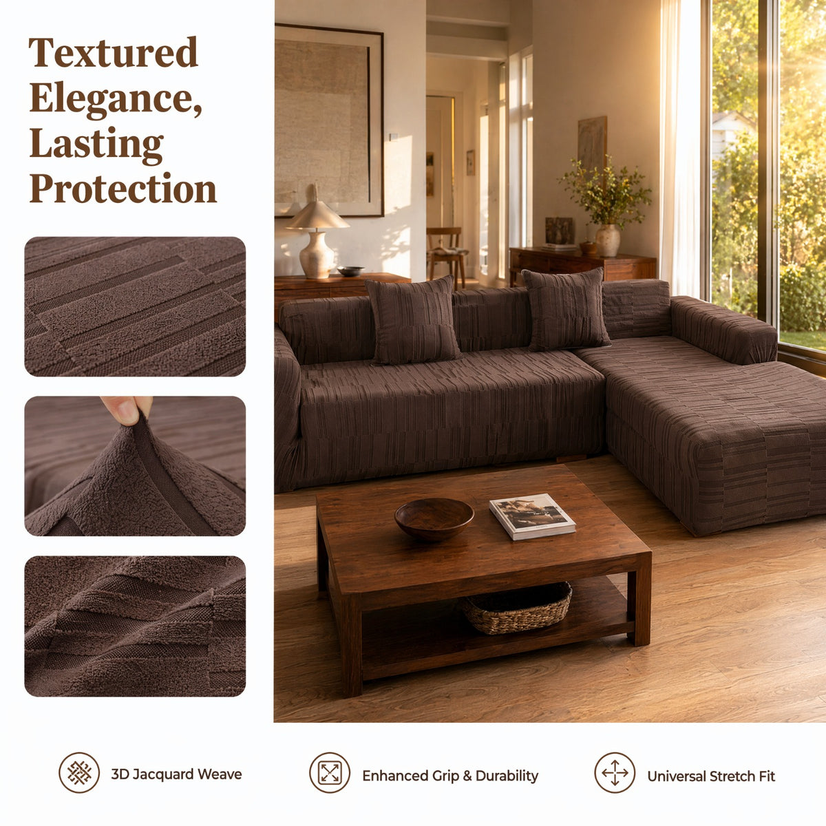 Housse de canapé extensible en peluche jacquard à rayures, visuel produit