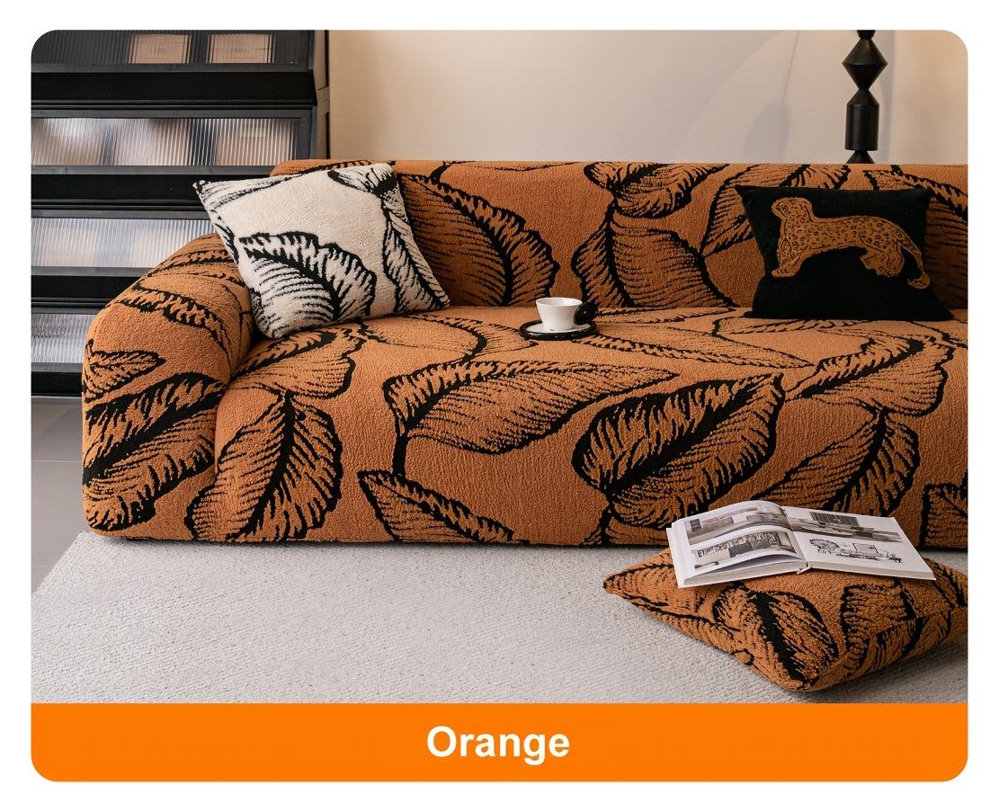 Housse de canapé extensible en peluche à motif feuillage, vue de dos