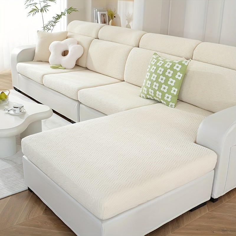 Housse de canapé épaisse extensible en polaire jacquard anti-griffes, détail de l'ourlet