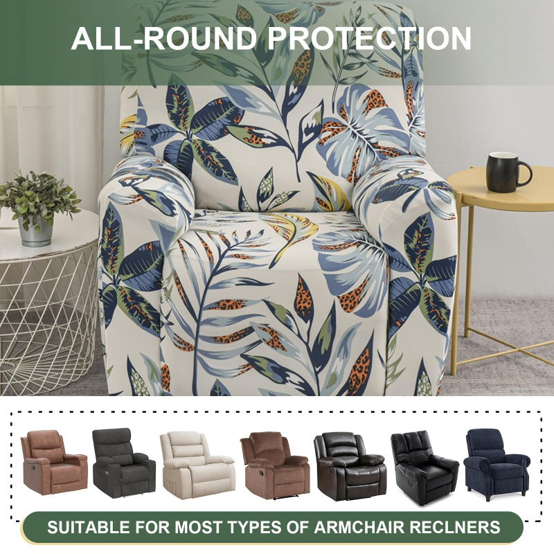 Housse de fauteuil extensible en fibre de lait matelassée à motif léopard, mise en situation