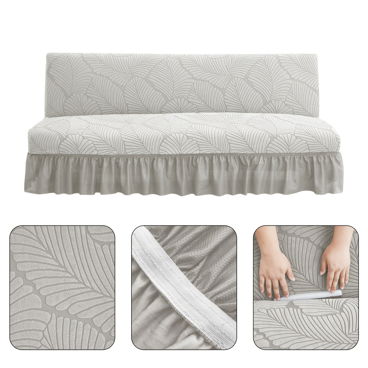 Housse de canapé extensible en jacquard à motif feuillage à volants, détail de la finition