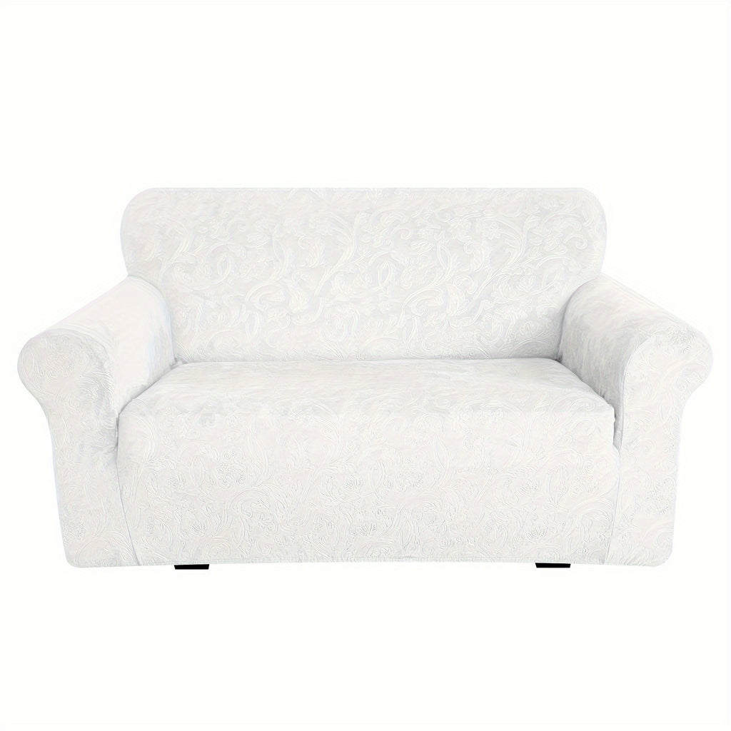Housse de canapé extensible en velours à motif fleuri anti-griffes, gros plan sur le tissu